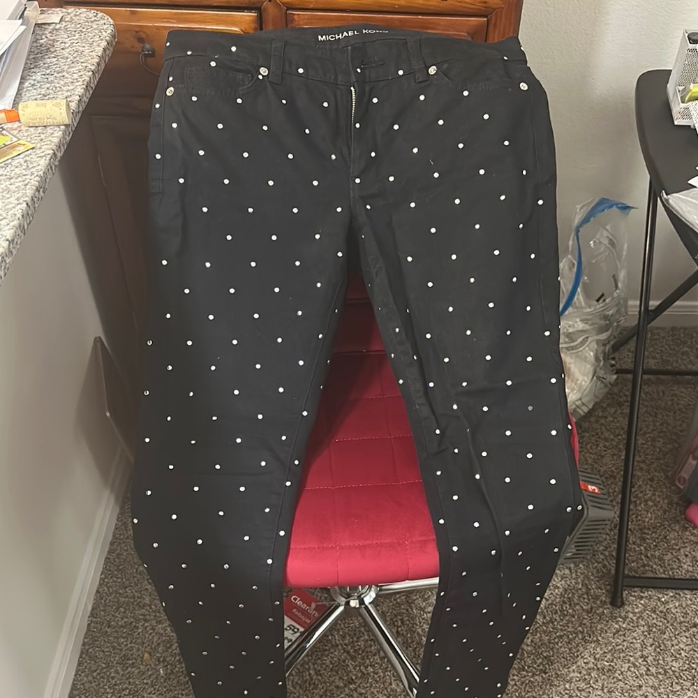 Michael Kors Black and White Skinny Jeans with Polka Dots